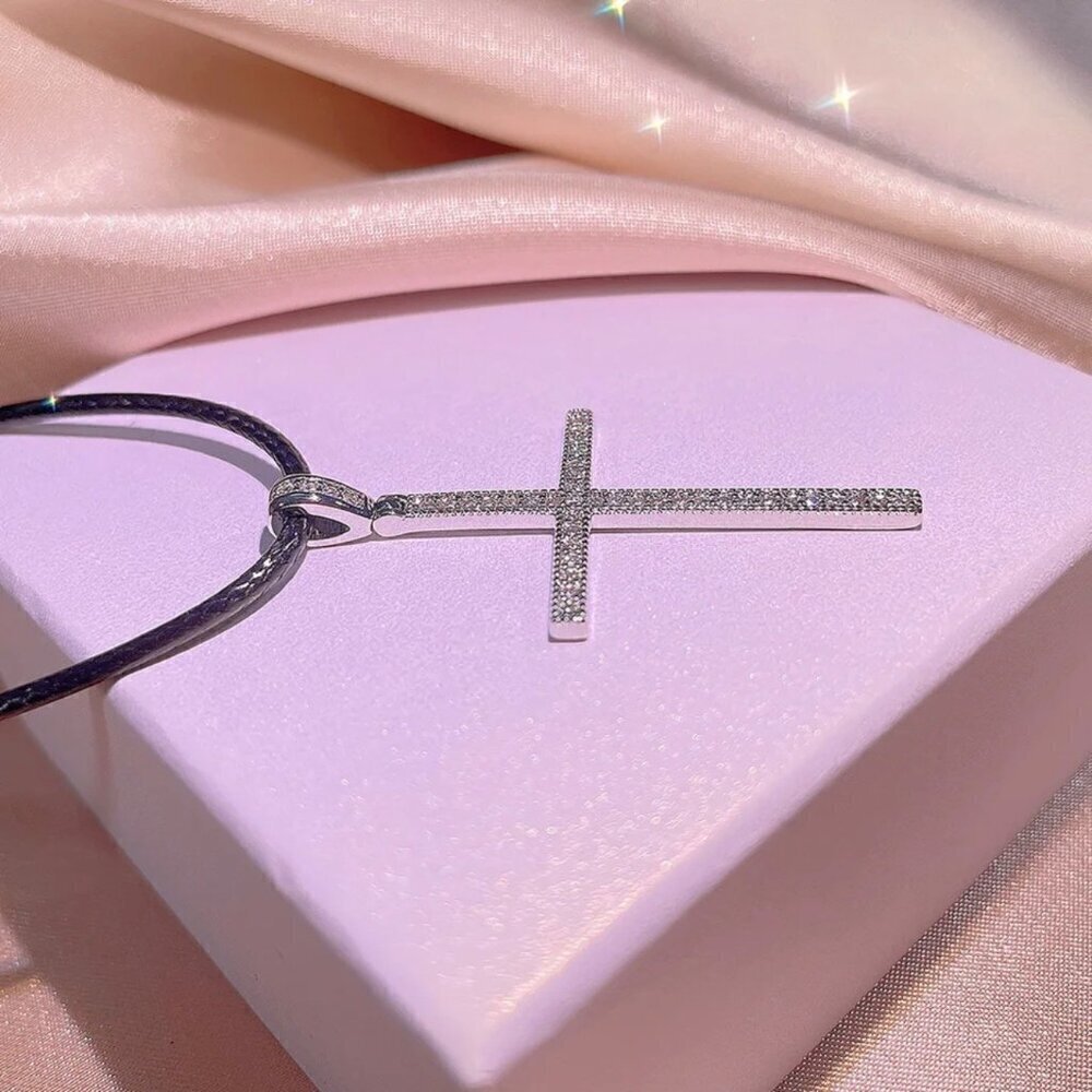 NWT Cross Pendant Necklace S925 Sterling Silver Choker Black Cord CZ Inlaid 17” - Picture 9 of 10